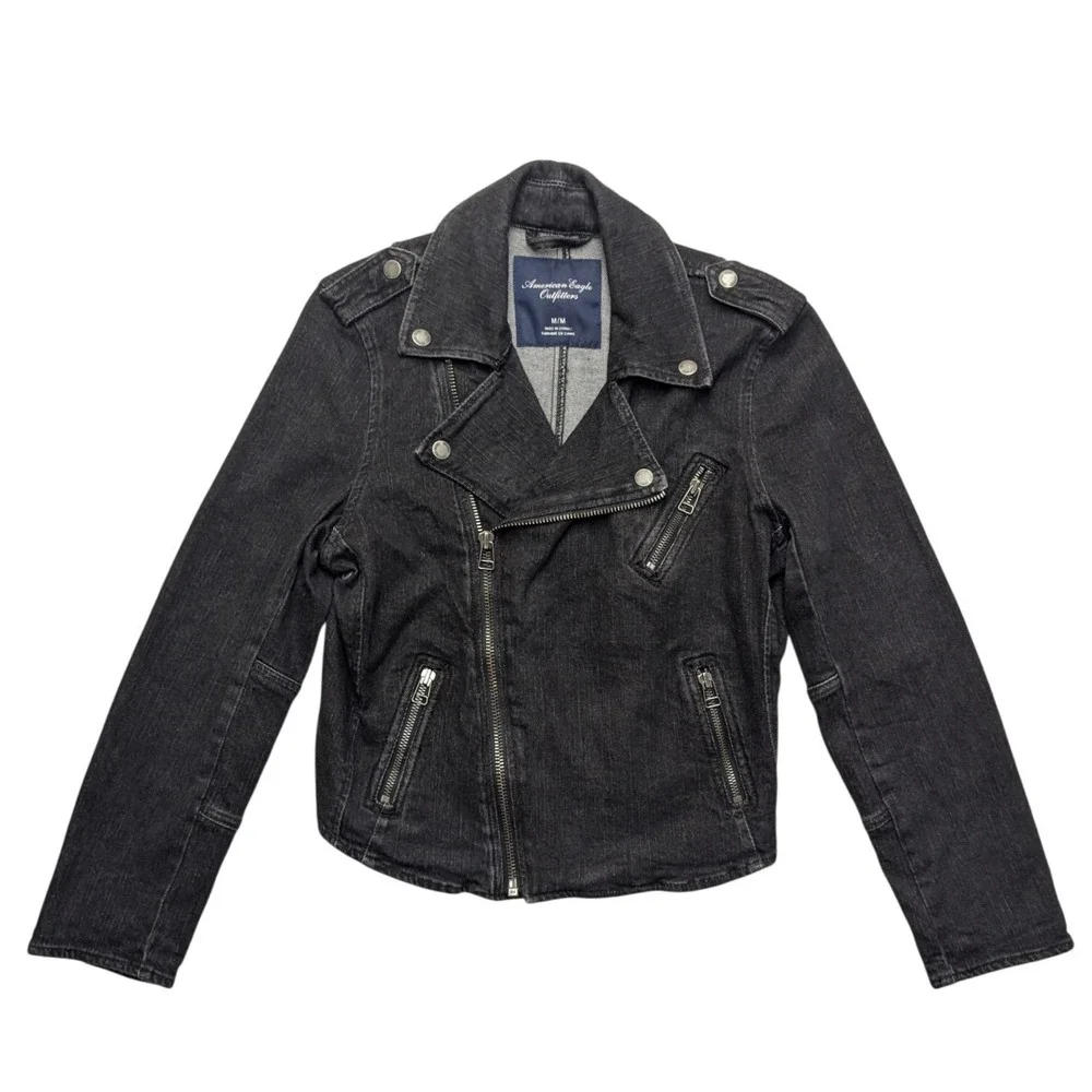 American Eagle Denim Moto Jacket Womens Medium Black Asymmetrical Zip Biker - Picture 1 of 9